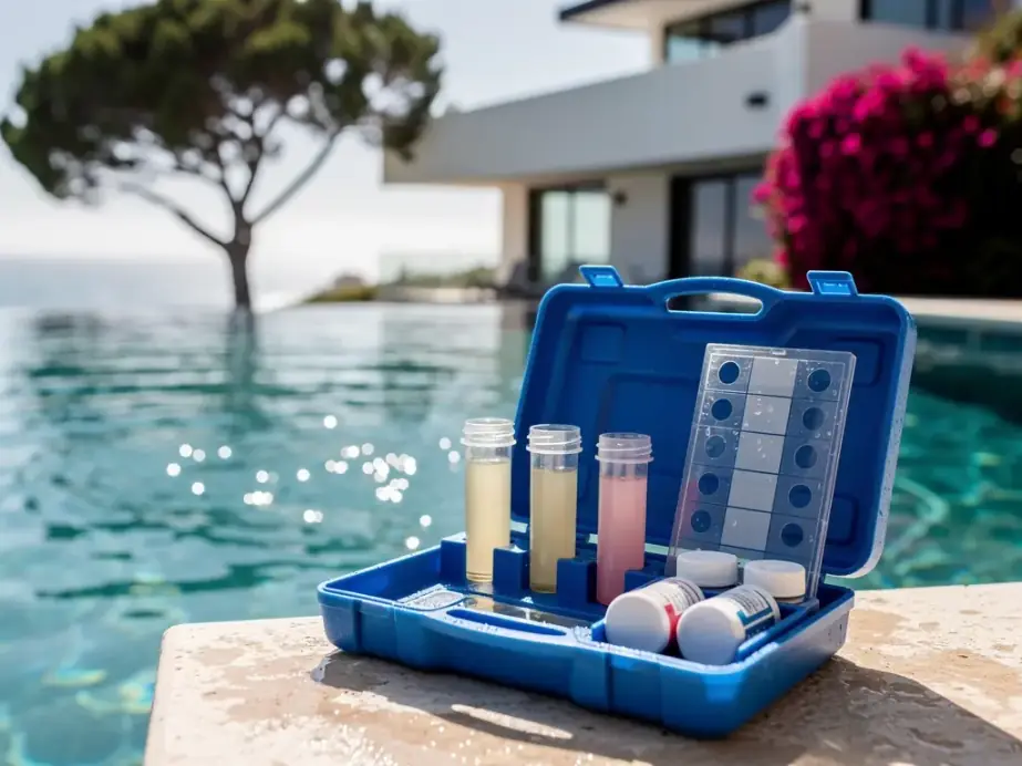 A blue pool water test kit with reagent vials open on wet coping