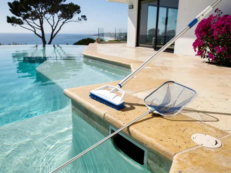 A wall brush and leaf net resting on sandstone coping beside a clear pool, skimmer lid open